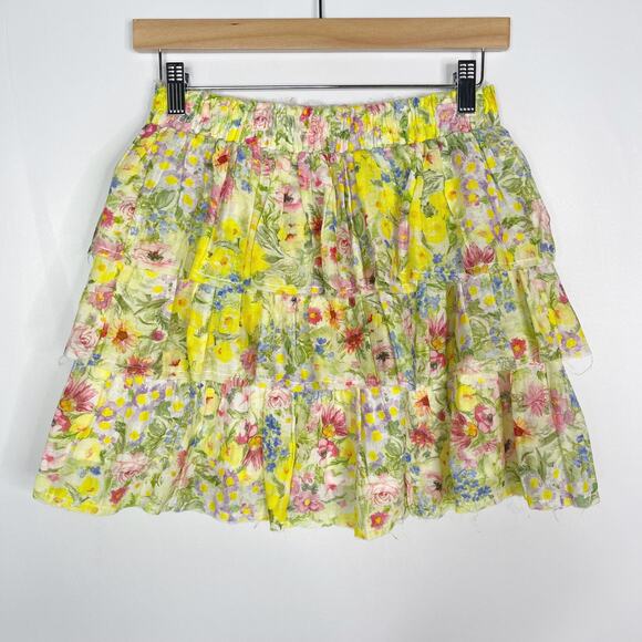 LoveShackFancy Small S Yellow Floral Brynlee Ruffle Tiered Skirt Cotton Silk - Picture 2 of 12